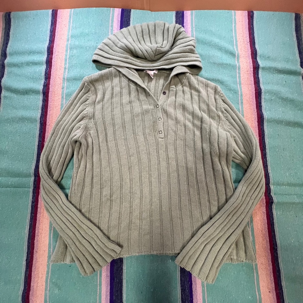 Old Navy Sweater Hoodie Womens XL Green Ribbed Henley Cotton Knit Pullover